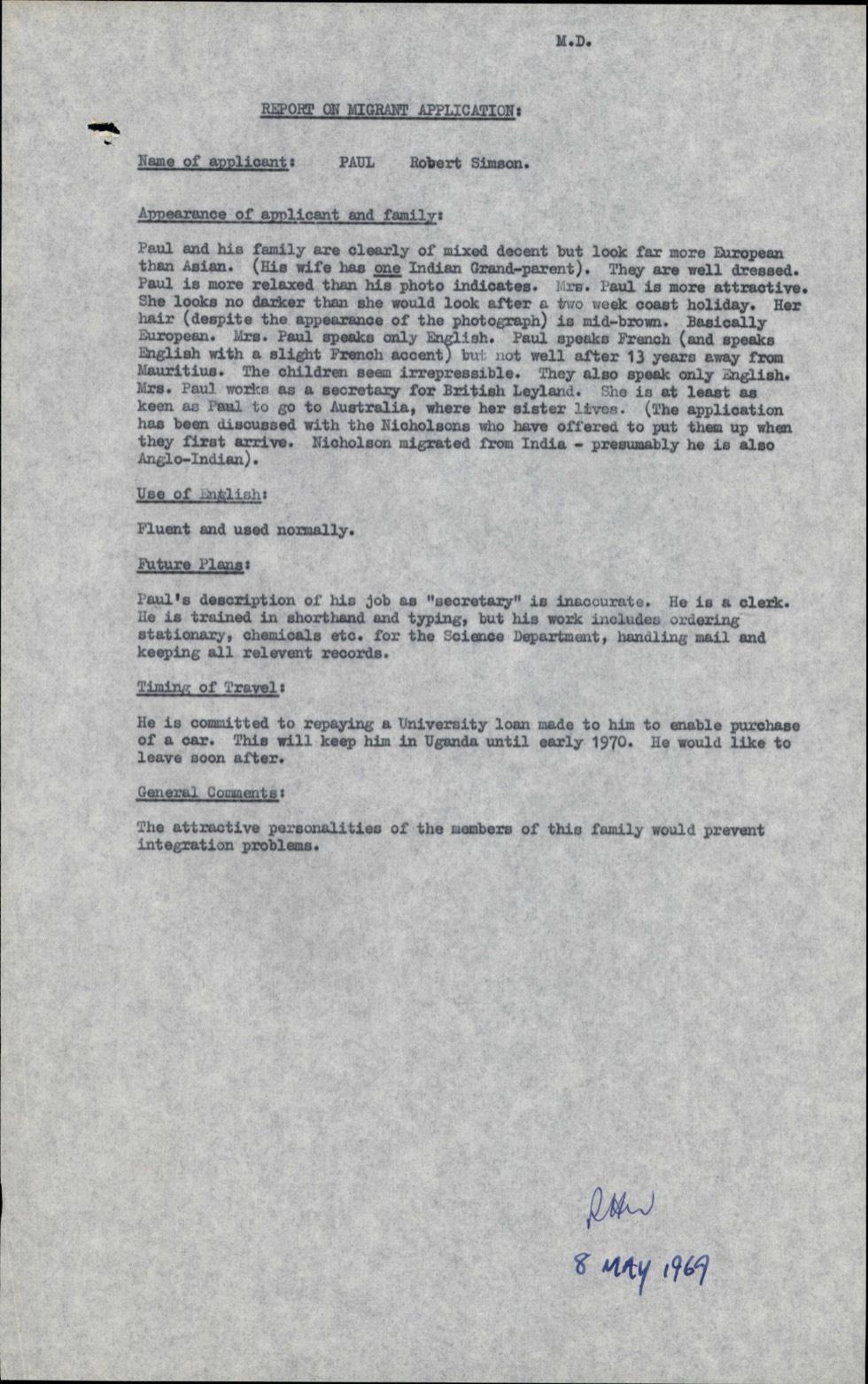 Typed report on application of migrant Paul Robert Simson.