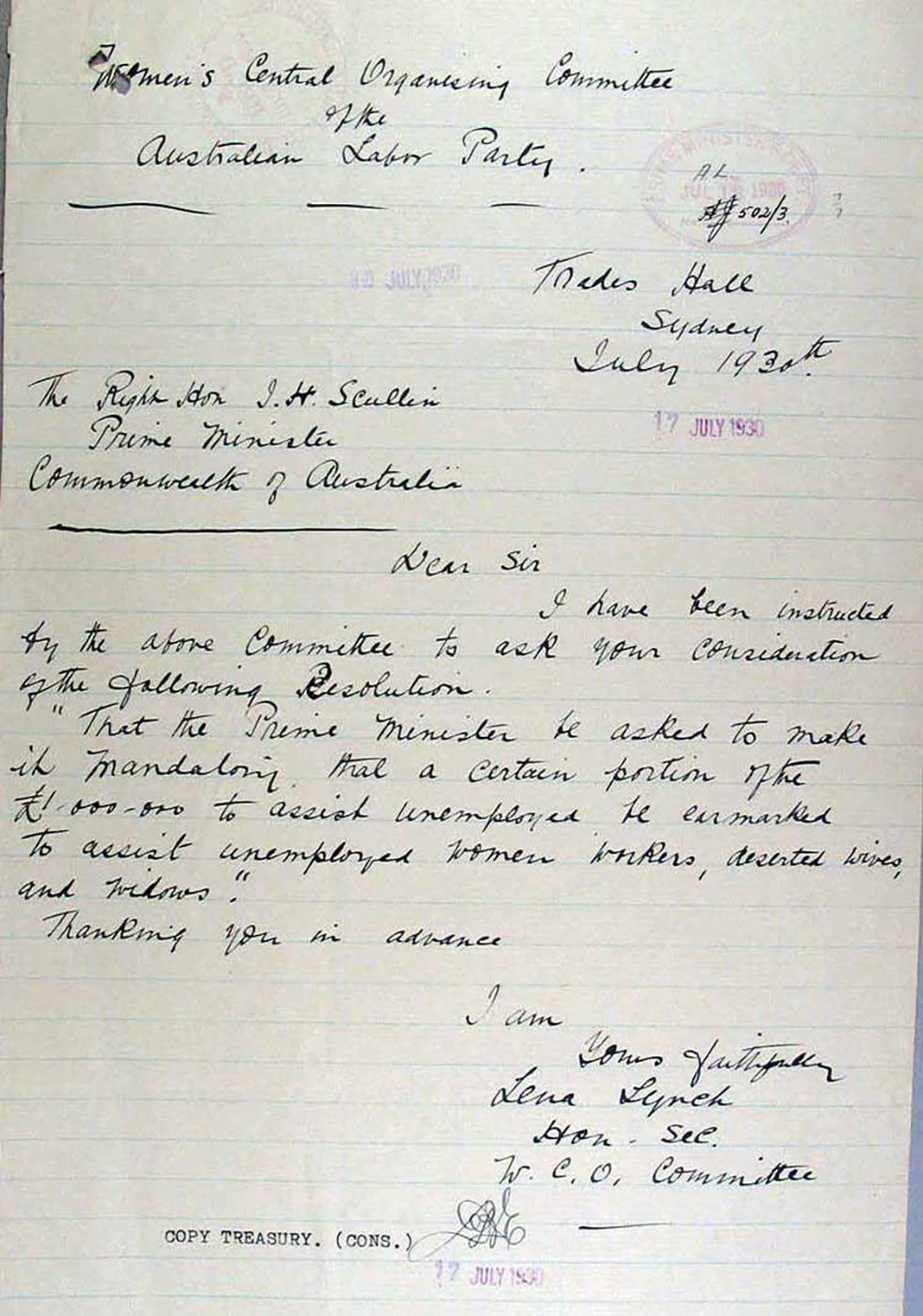 Contents of a letter to Prime Minister James Scullin.