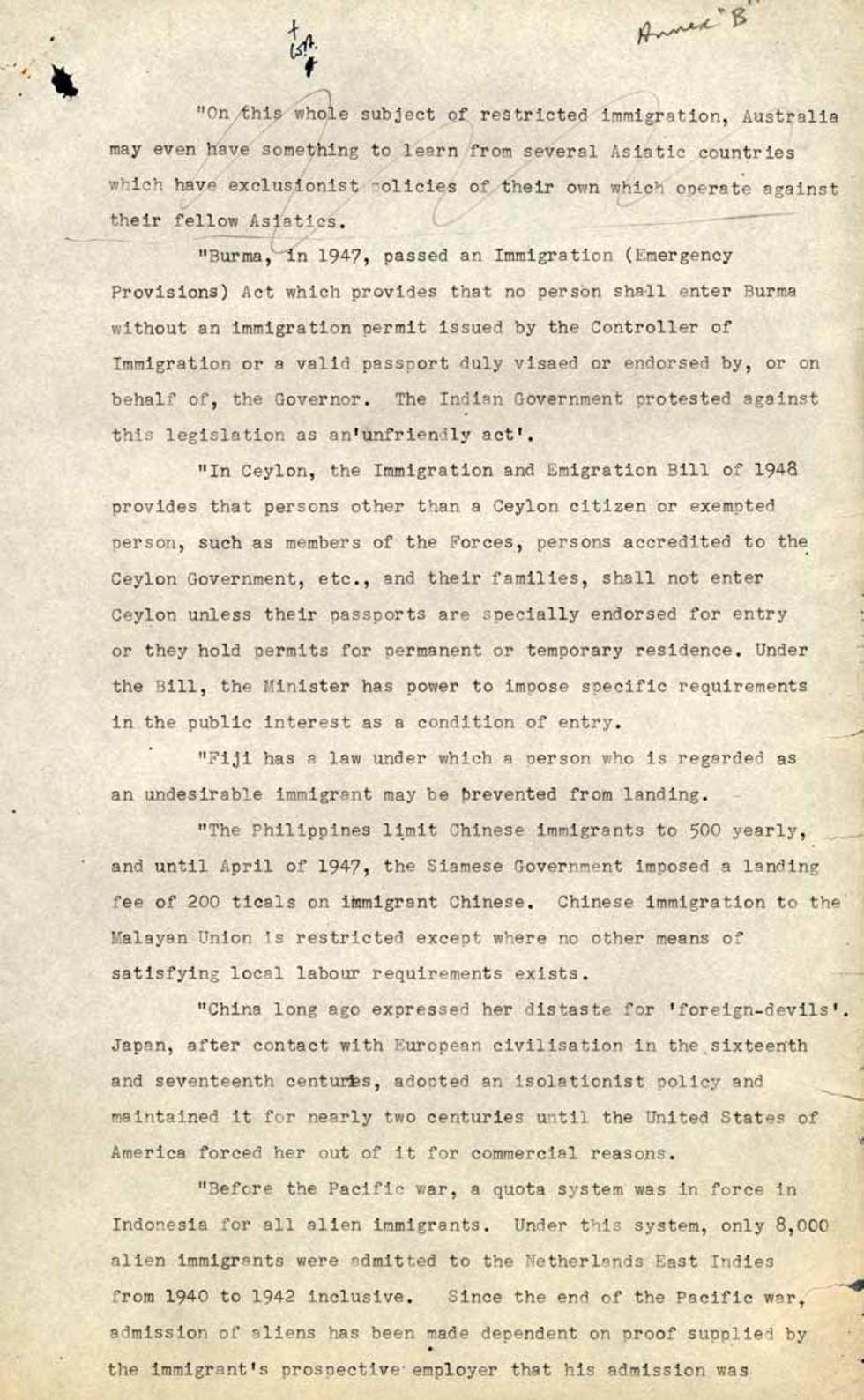 Excerpt from Arthur Calwell's speech, with handwritten comments regarding restrictive or exclusionist immigration policies of other nations.