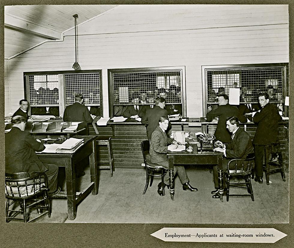 Returned World War I soldiers queue for employment.