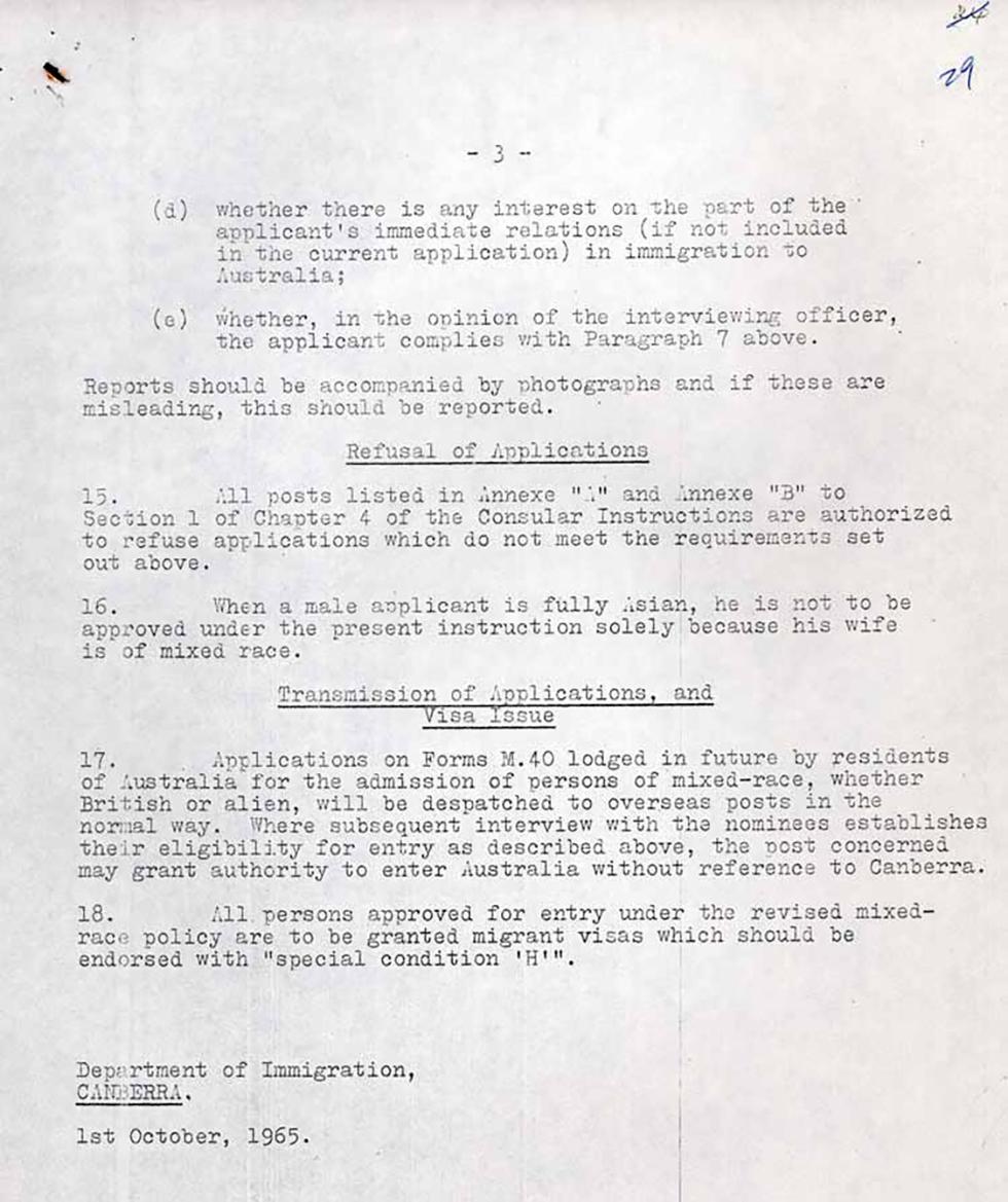 Confidential circular regarding the rules of admission to Australia of mixed-race settlers.