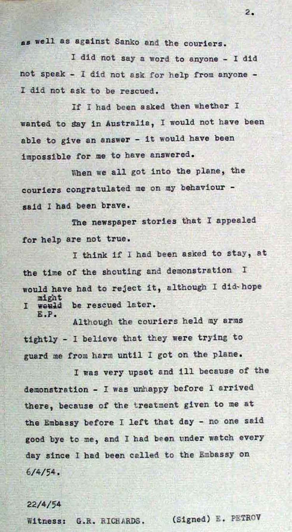 Soviet defector Evdokia's statement on Mascot Airport incident.