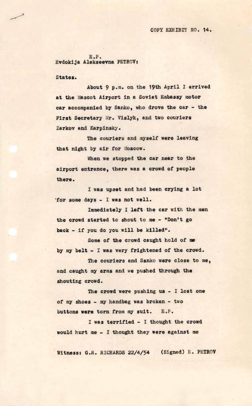 Soviet defector Evdokia's statement on Mascot Airport incident.