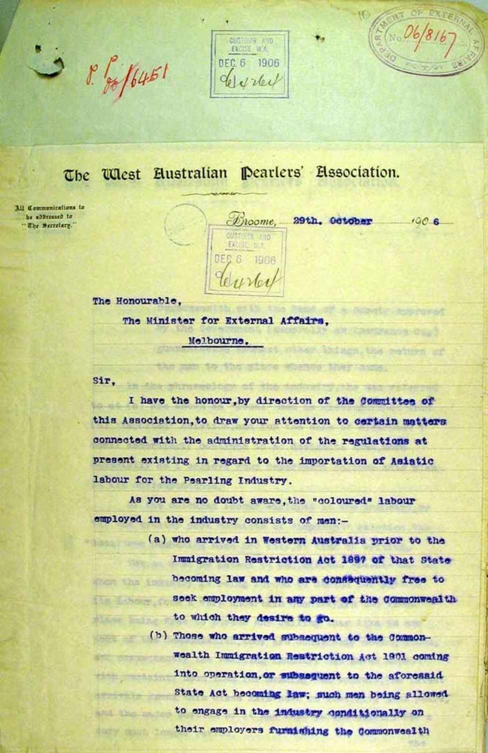 Letter to the Minister for External Affairs