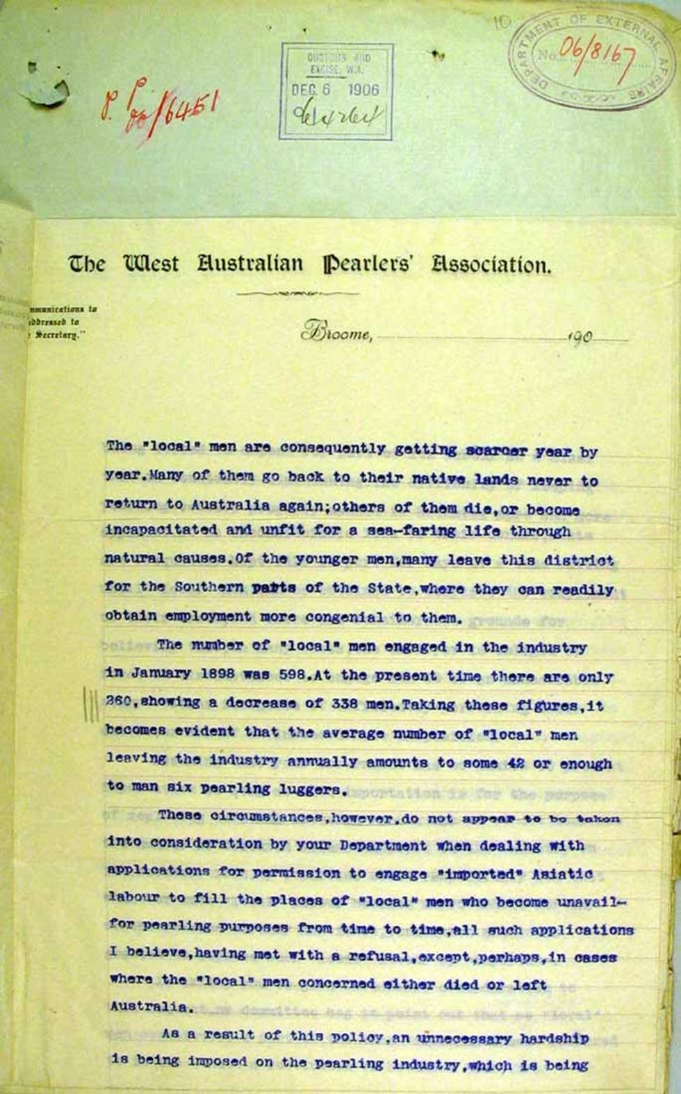 Letter to the Minister for External Affairs