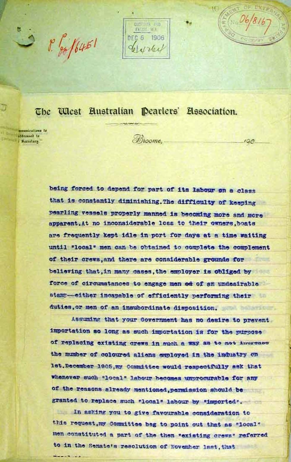 Letter to the Minister for External Affairs