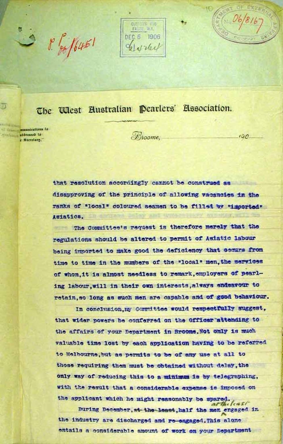 Letter to the Minister for External Affairs