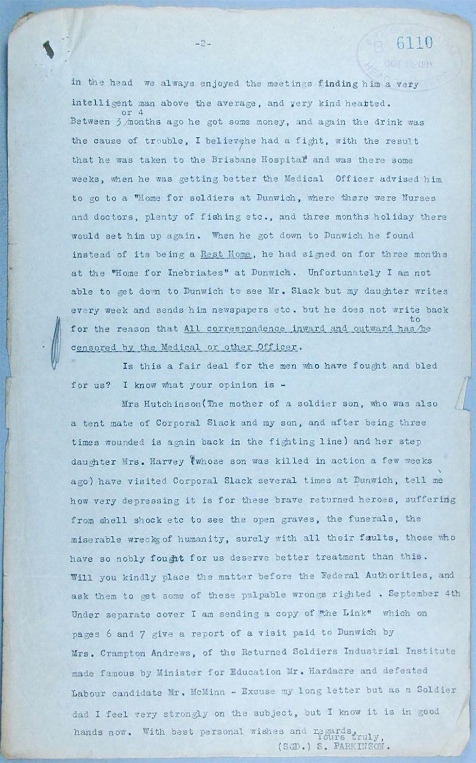 A letter sent to Queensland Senator Matthew Reid, regarding the case of a returned soldier, Corporal Joseph Slack - page 2.