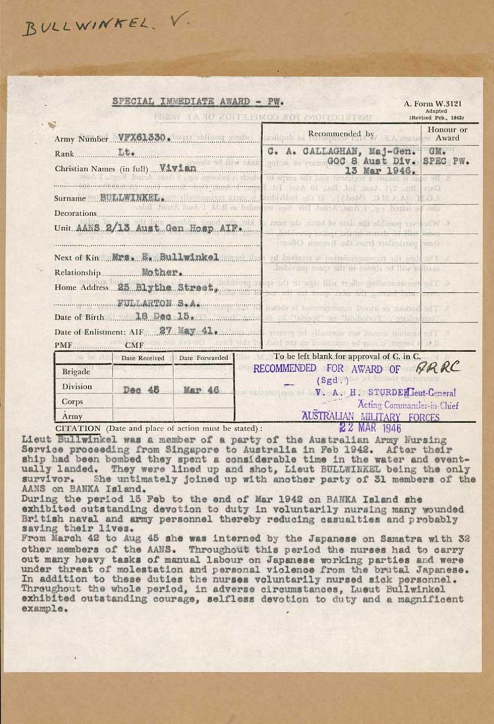 Citation For Award Of Australian Royal Red Cross Lieutenant Vivian Bullwinkel Naa Gov Au Citation For Award Of Australian Royal Red Cross Lieutenant Vivian Bullwinkel Naa Gov Au