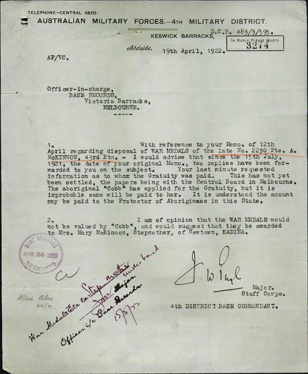Letter confirming status of payment of war gratuity.