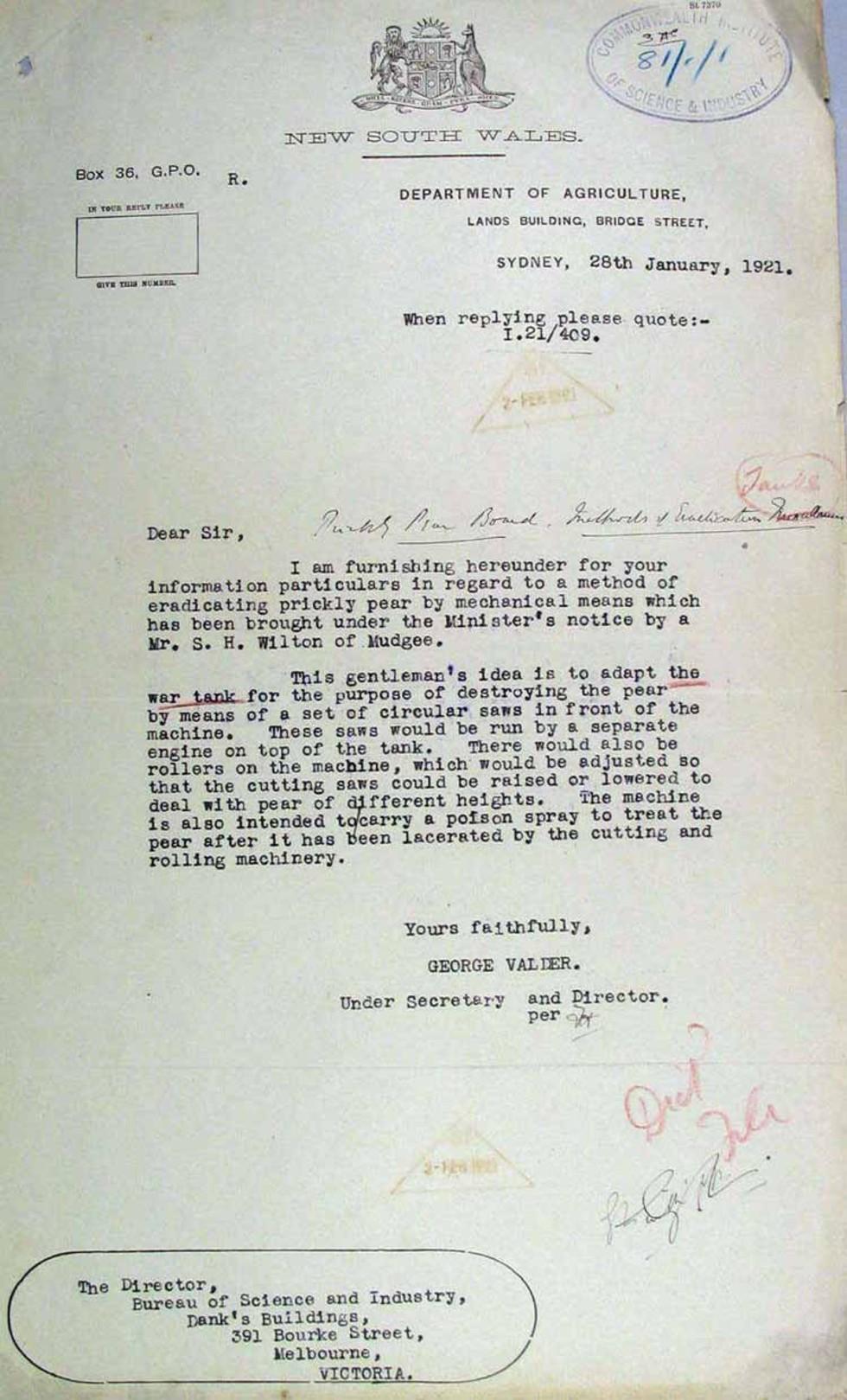 This letter is a proposal to adapt war tanks with circular saws, rollers and poison spray, to assist in eradicating a weed called 'prickly-pear' which had become invasive in Australia.