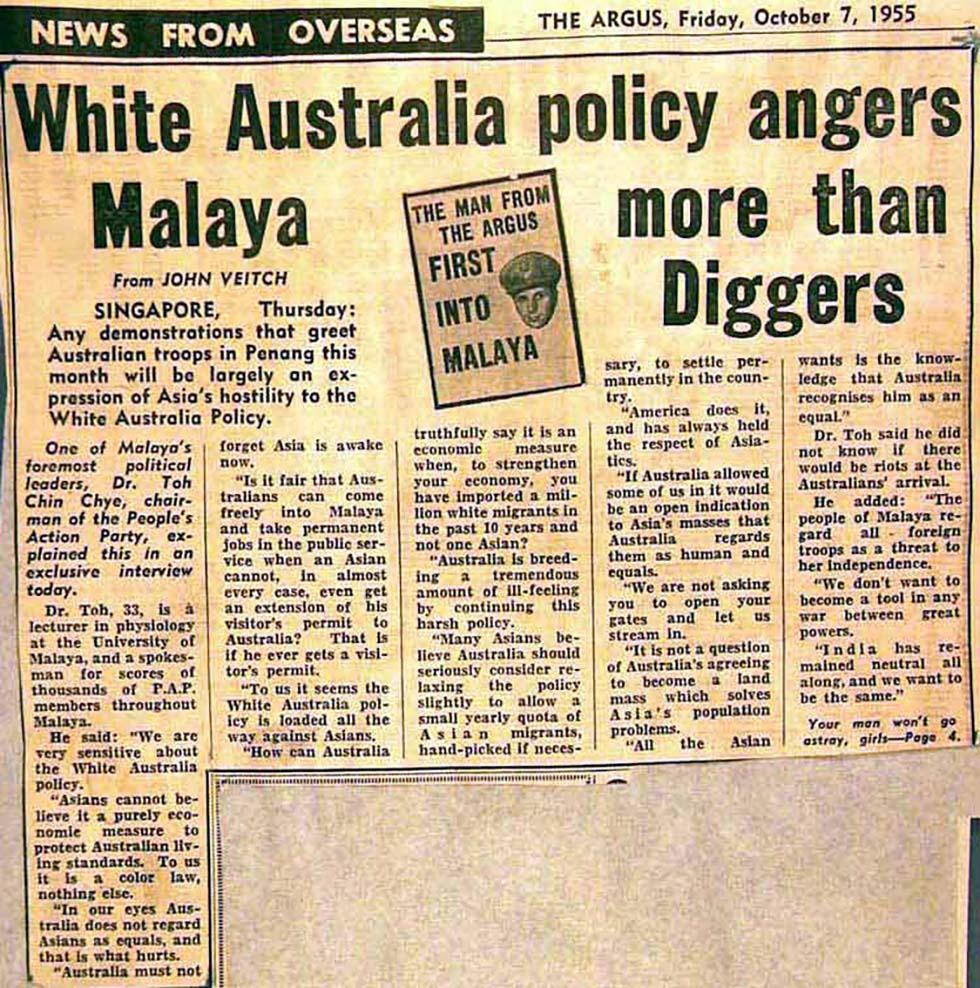 White Australia policy angers Malaya more than Diggers.