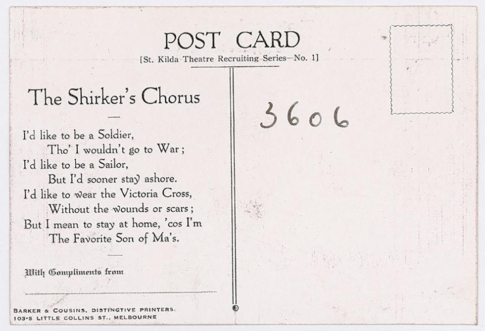 Wounded soldiers encourage enlistment - postcard.