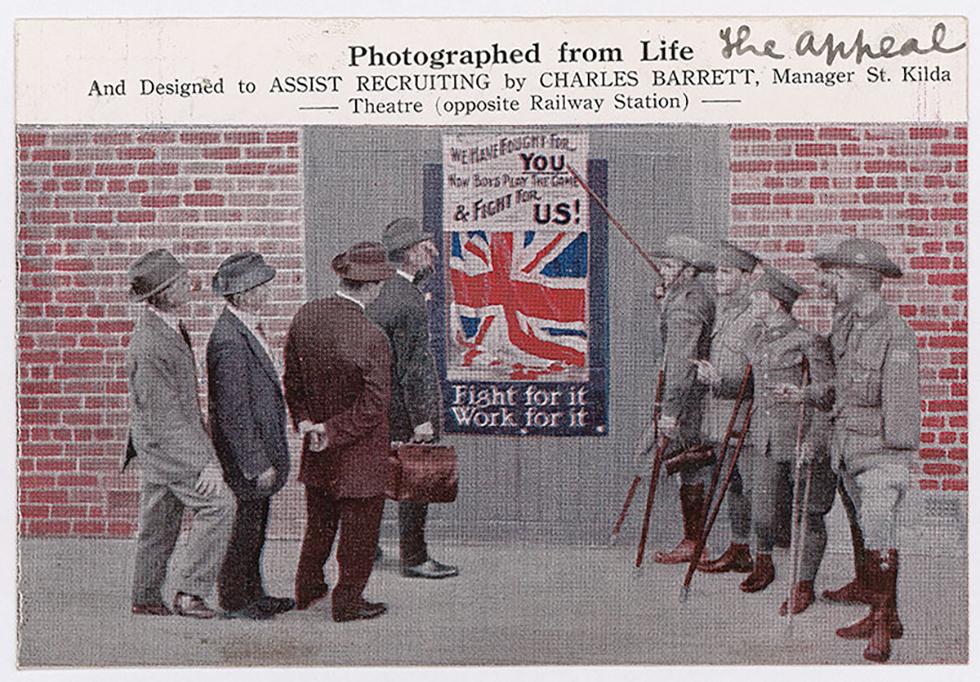 Wounded soldiers encourage enlistment - postcard.