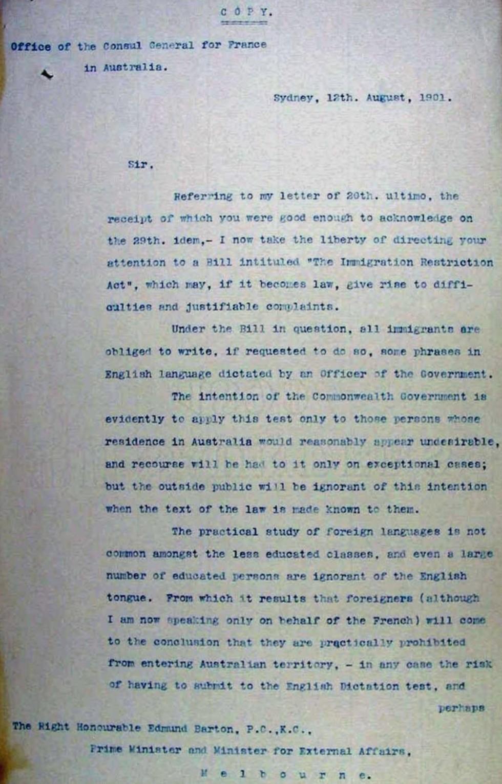 Letter to Prime Minister Edmund Barton