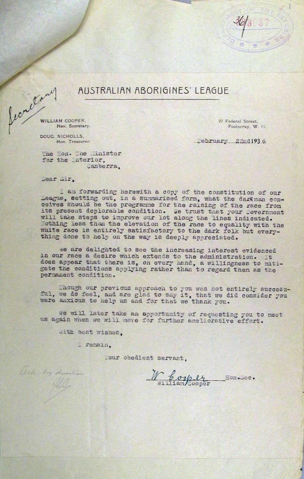 Letter from William Cooper to Minister for the Interior