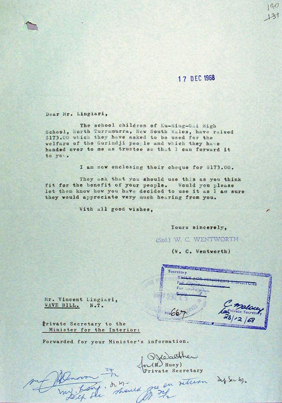 Letter to Mr. Vincent Lingiari confirming support by school children for the Gurindji people.