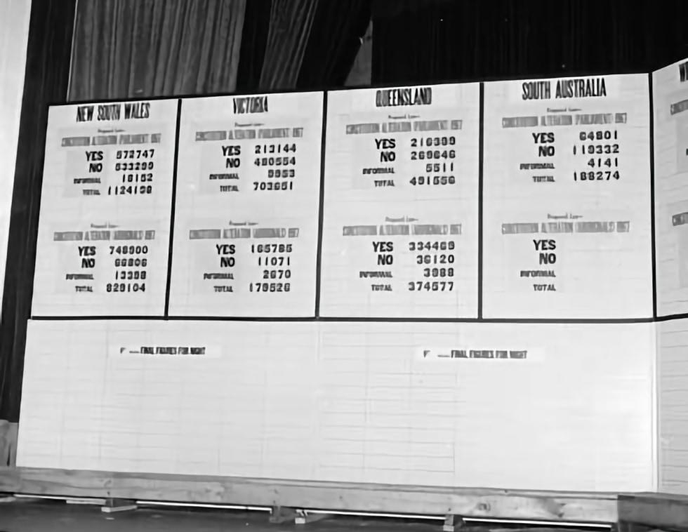  Tally board at the Albert Hall, Canberra, showing results of the May 1967 referendum