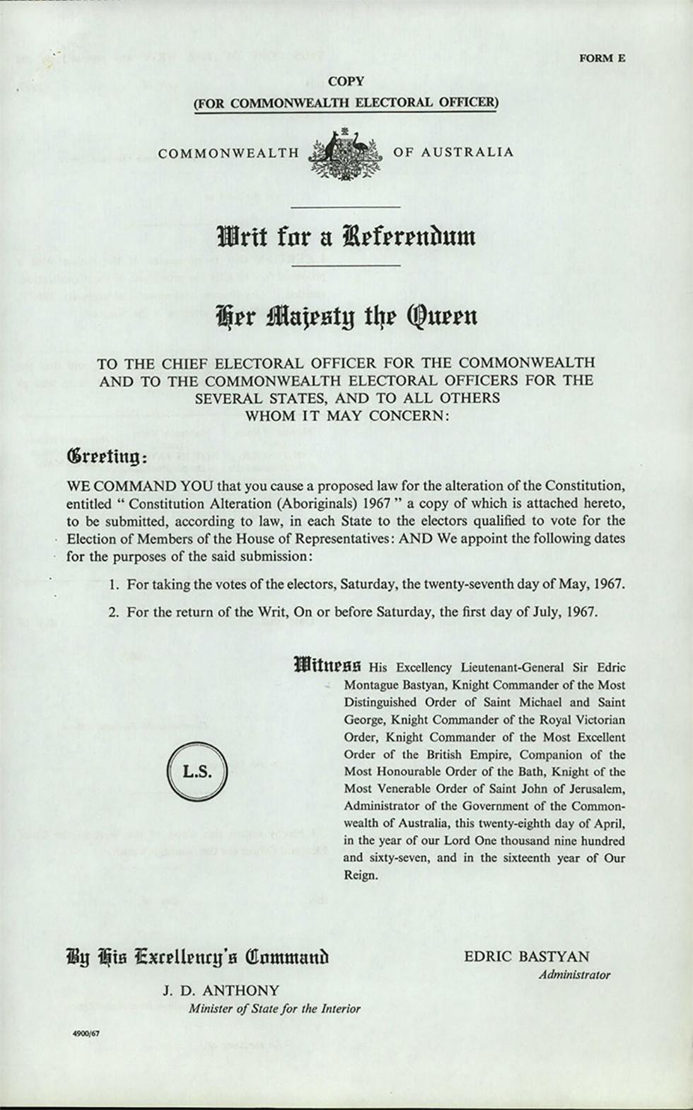 These records are the ‘Return of the Writ’ from the electorates of Braddon and Bass in Tasmania for the 1967 referendum.