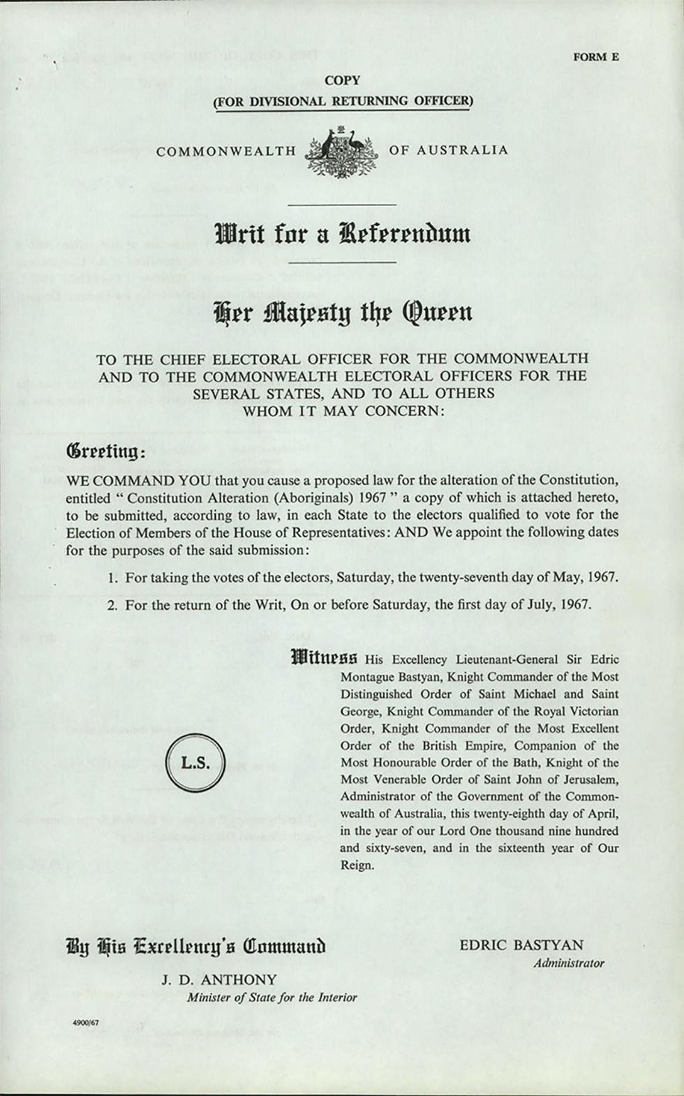 These records are the ‘Return of the Writ’ from the electorates of Braddon and Bass in Tasmania for the 1967 referendum.