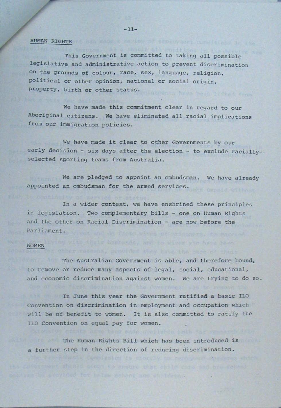 This is an electronic document with the Australian coat of arms at the top of the first page. The framed heading ‘Prime Minister’ sits below the coat of arms. The words ‘The First Year’ are underlined, followed by the words ‘Statement by the Prime Minister the Hon. E.G. Whitlam, Q.C., M.P., on the achievements of the Labor Government’s first year of office’.