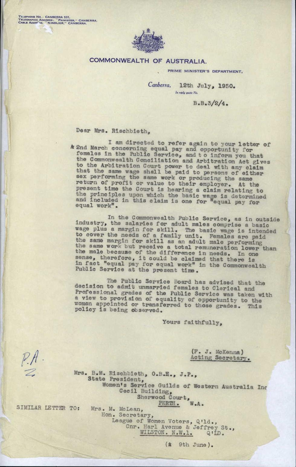 A file copy of a letter dated 12 July 1950 about unequal treatment of female clerks in the Commonwealth Public Service.