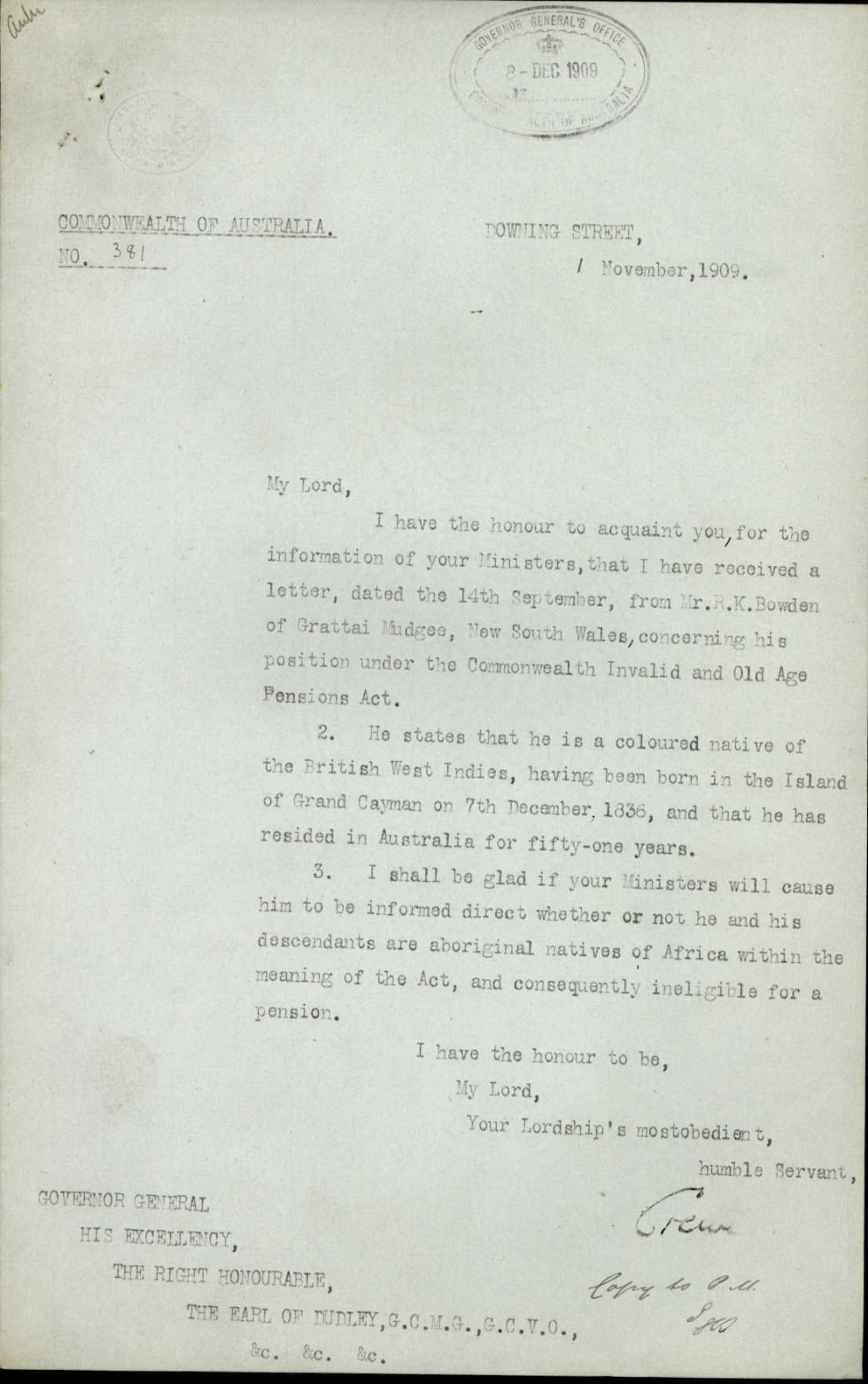 This is a typed letter stamped with ‘Governor-General’s Office Commonwealth of Australia 8 Dec 1909’. The letter date is 1 November, 1909’ and is signed by ‘Crewe’ with the handwritten note ‘Copy to P.M.’ The address at the top of the letter is ‘Downing Street’.