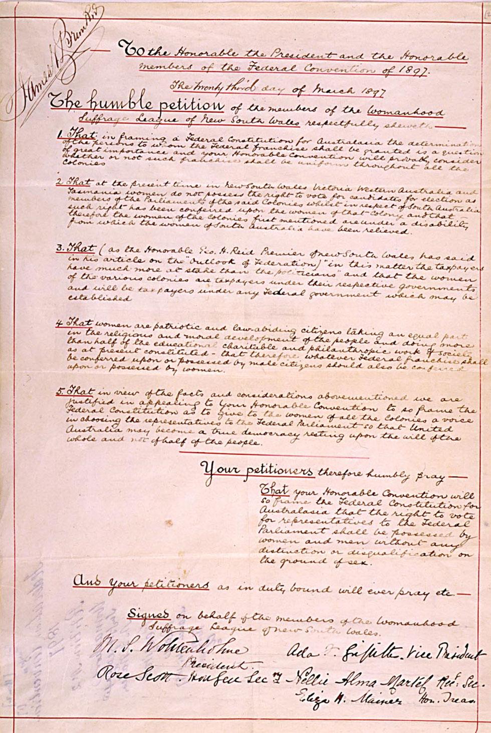Petition No 2. In favour of equal voting rights for both sexes in elections for Federal Parliaments. From Women's Suffrage League of New South Wales.