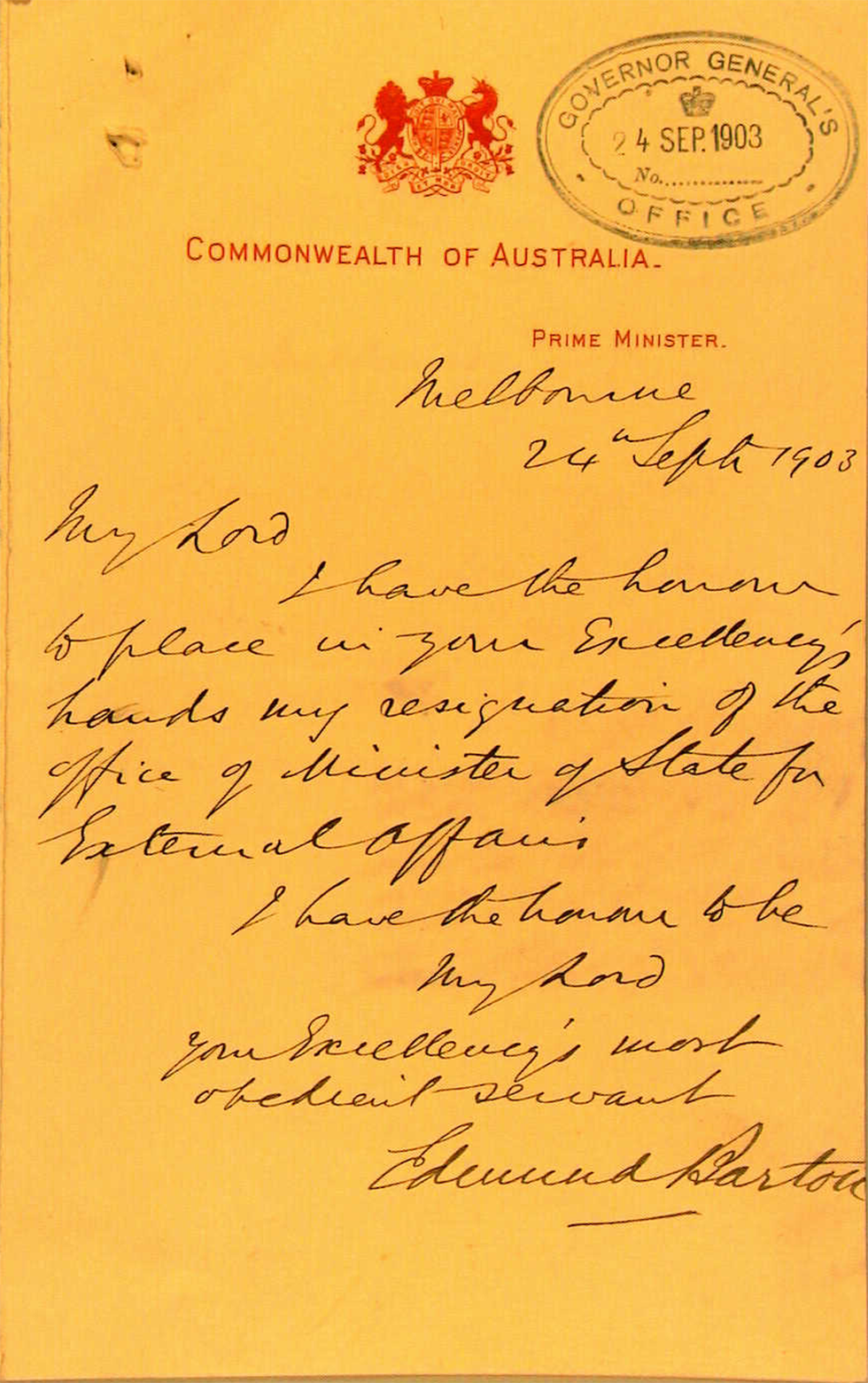 Edmund Barton letter of resignation, 1903, page 1.