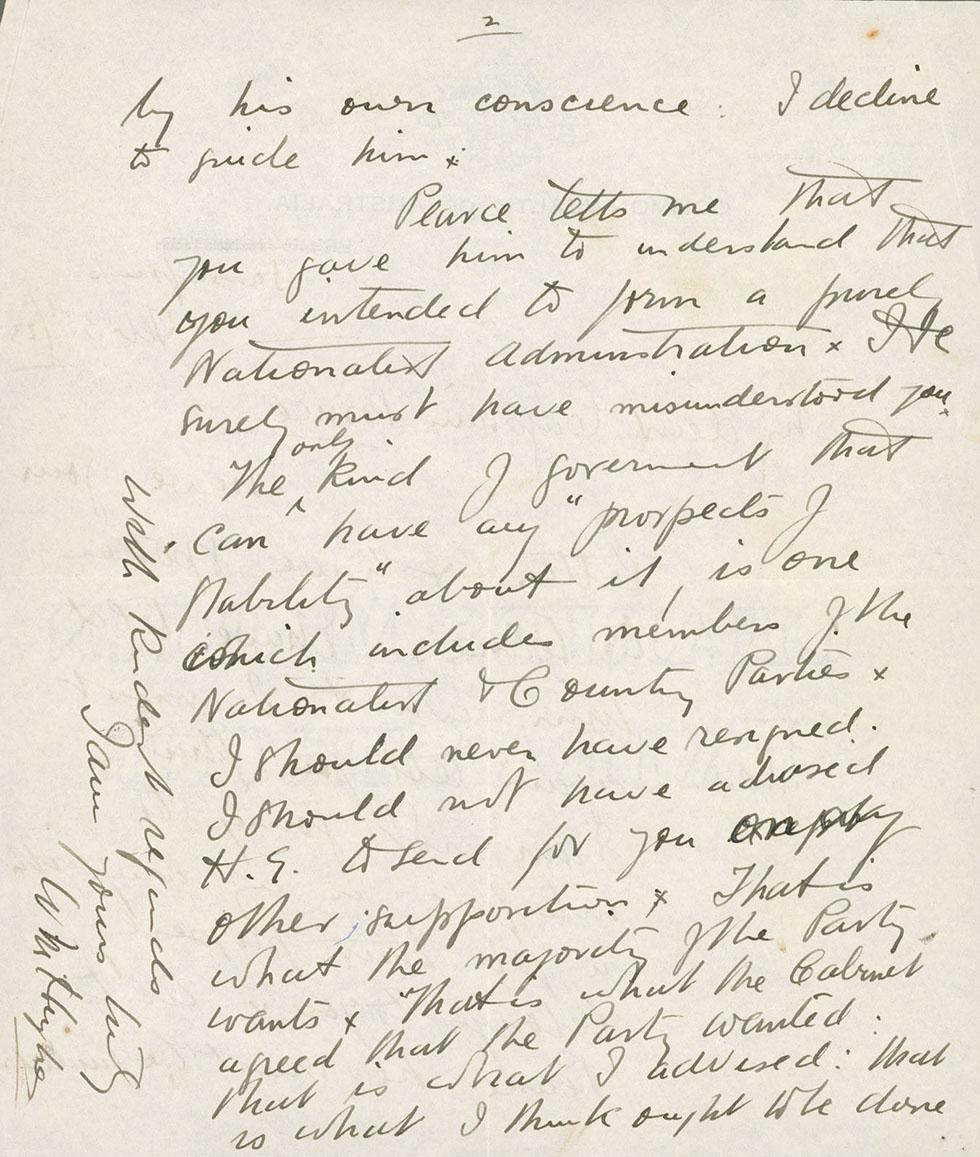 Page two of a letter from resigning Prime Minister WM Hughes to incoming Prime Minister SM Bruce, dated 3 February 1923.