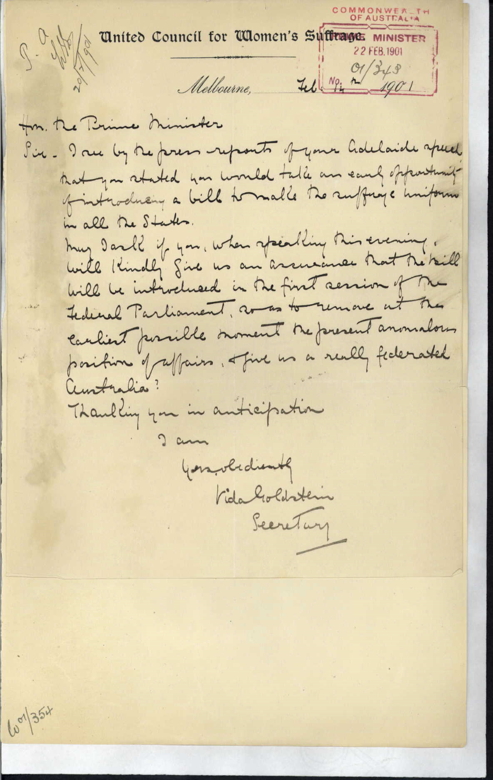 Vida Goldstein's petition to Edmund Barton, 1901
