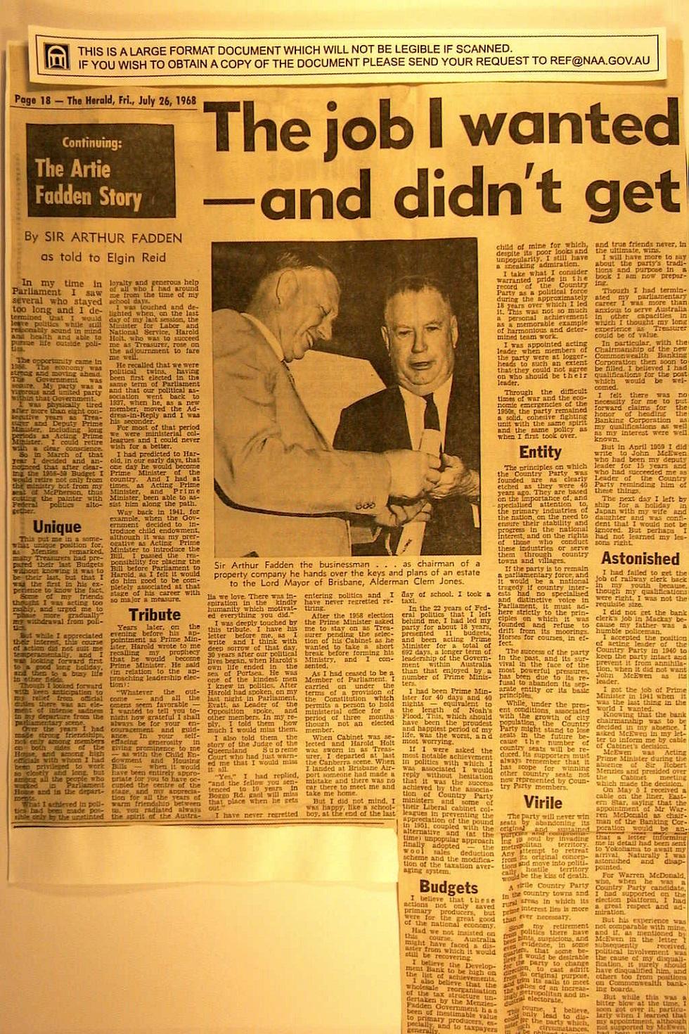 Arthur Fadden's memoirs, as told to writer Elgin Reid