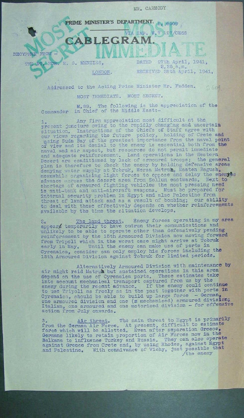 Deciphered cable from Prime Minister Robert Menzies