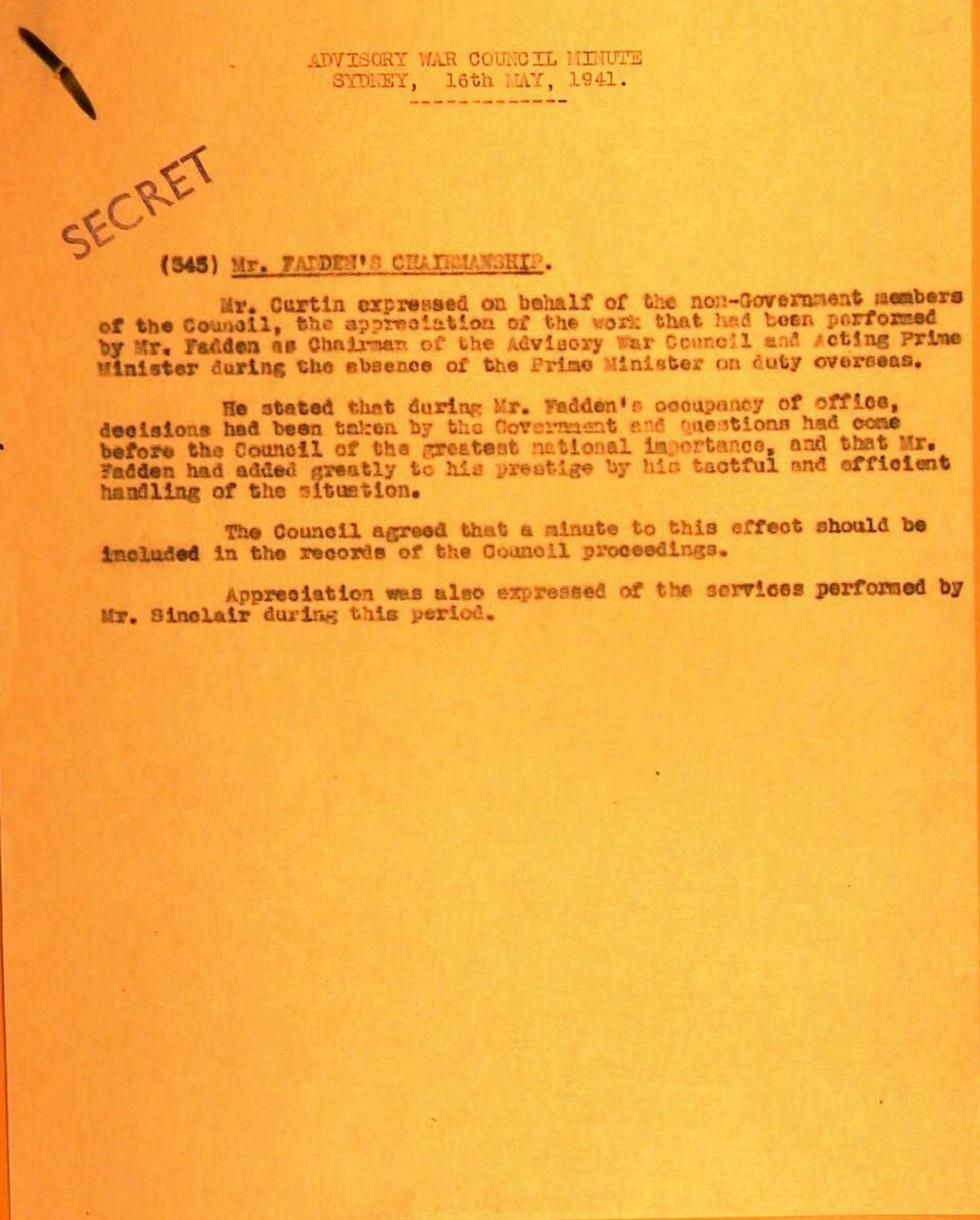 The Advisory War Council's recognition of Arthur Fadden's role
