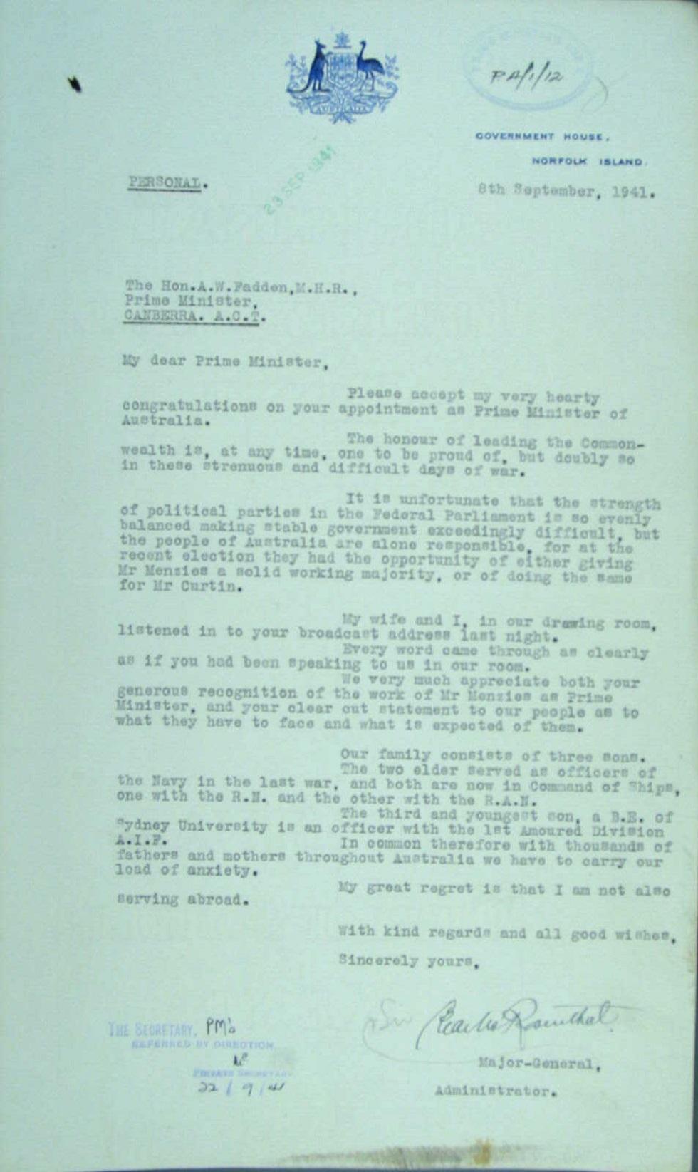 Letter from Administrator of Norfolk Island