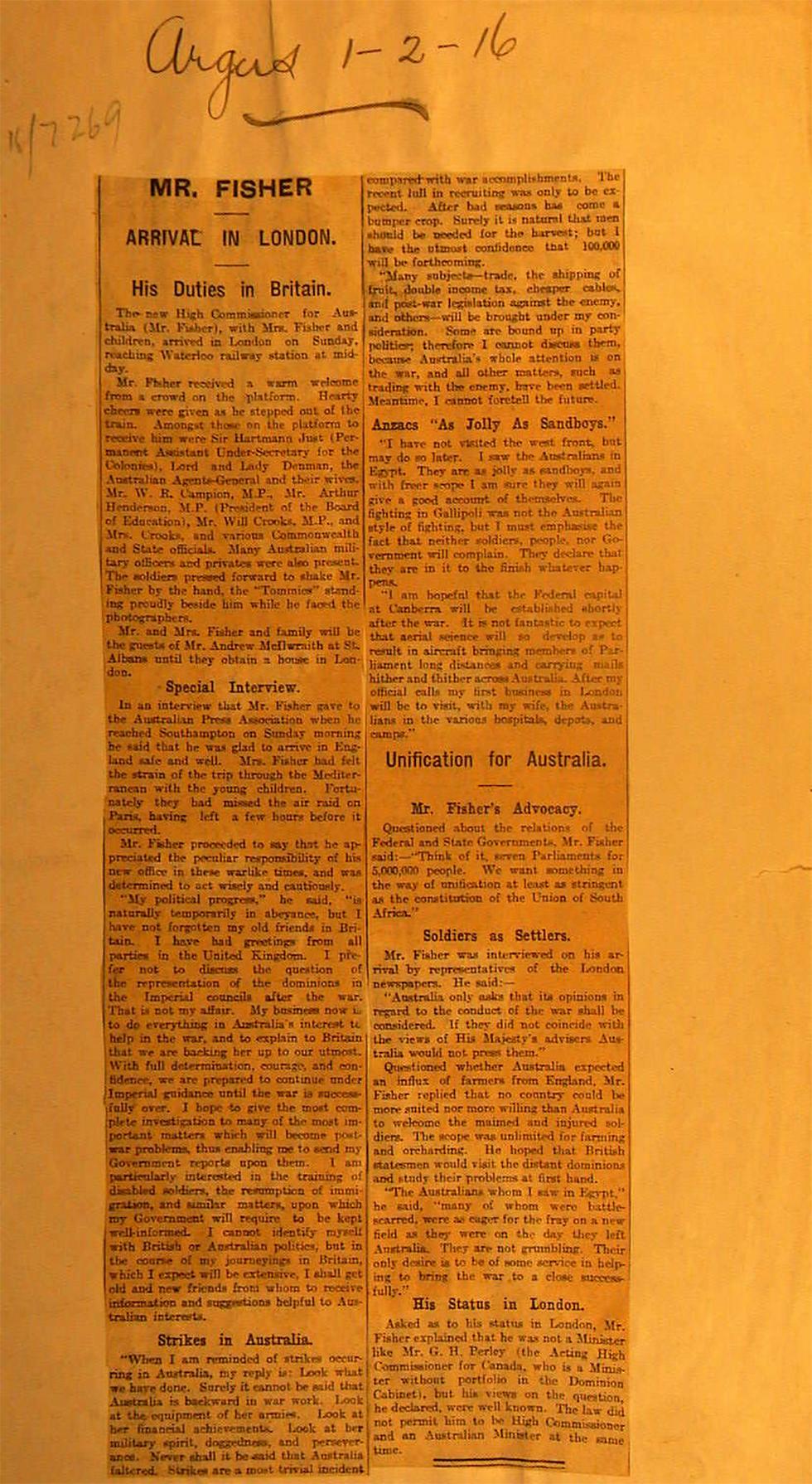 Andrew Fisher was Australia's second High Commissioner. He arrived with his family in London at the end of January 1916 after a tense sea voyage through the Mediterranean war zone. NAA: A2, 1916/159, p. 5