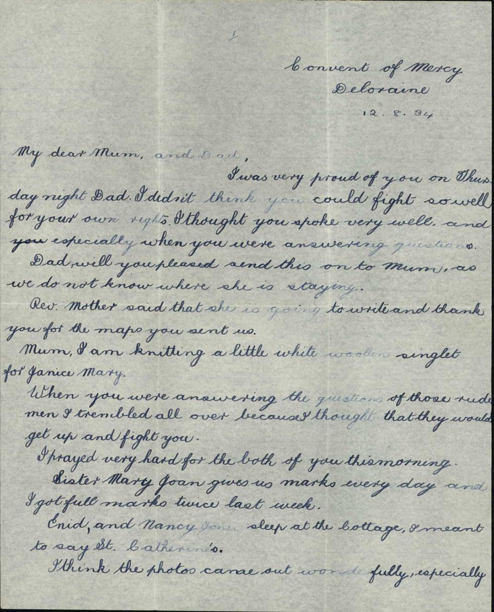 A letter from the Lyons’ 12-year-old daughter in August 1934, congratulating her father on a speech she heard on the radio and asking him for a copy.
