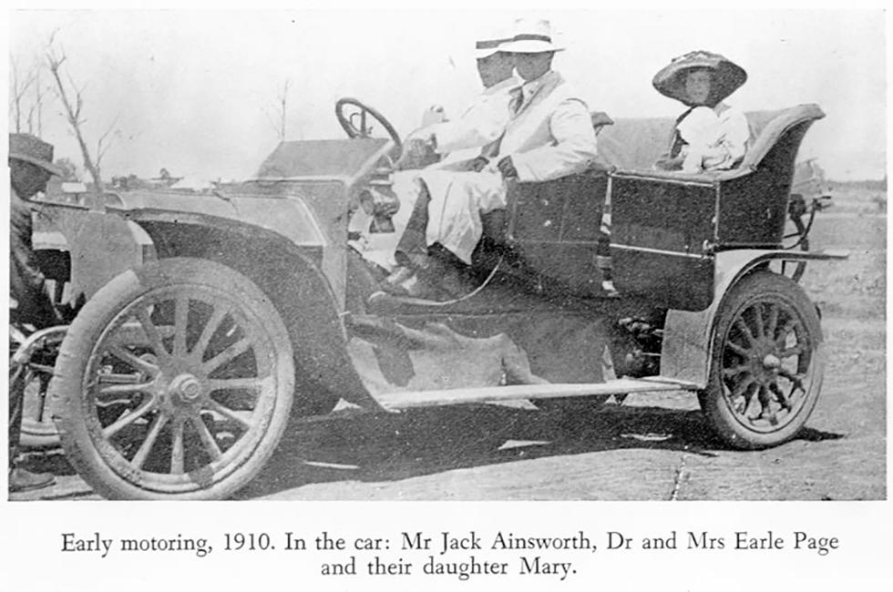 Ethel Page and baby Mary in the family's car in Grafton, New South Wales in 1910. National Library of Australia, Truant Surgeon, Angus & Robertson, Sydney, 1963, p. 48.