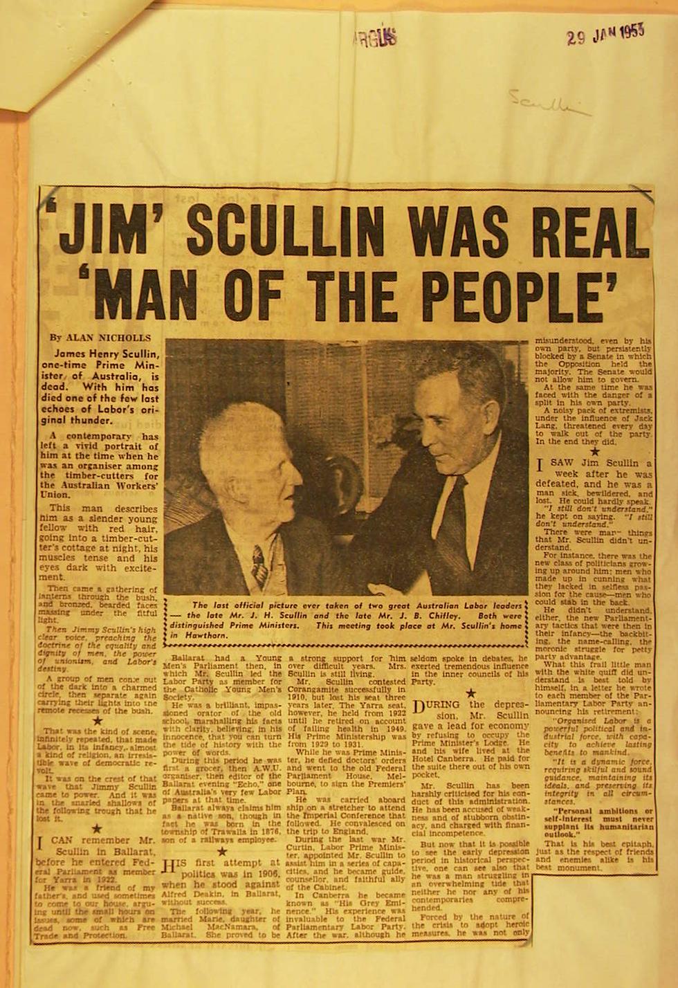 An article in The Argus, summing up Prime Minister Scullin as "a teetotal, non-smoking, budget pruner".