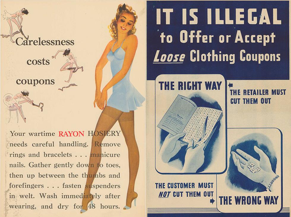 Illustrations showing: a woman wearing stockings and another woman being careless with hers next to the words - Carelessness costs coupons; and An advertisement illustrating the right way for retailers to accept coupons by cutting them from the coupon book and not accepting loose coupons.