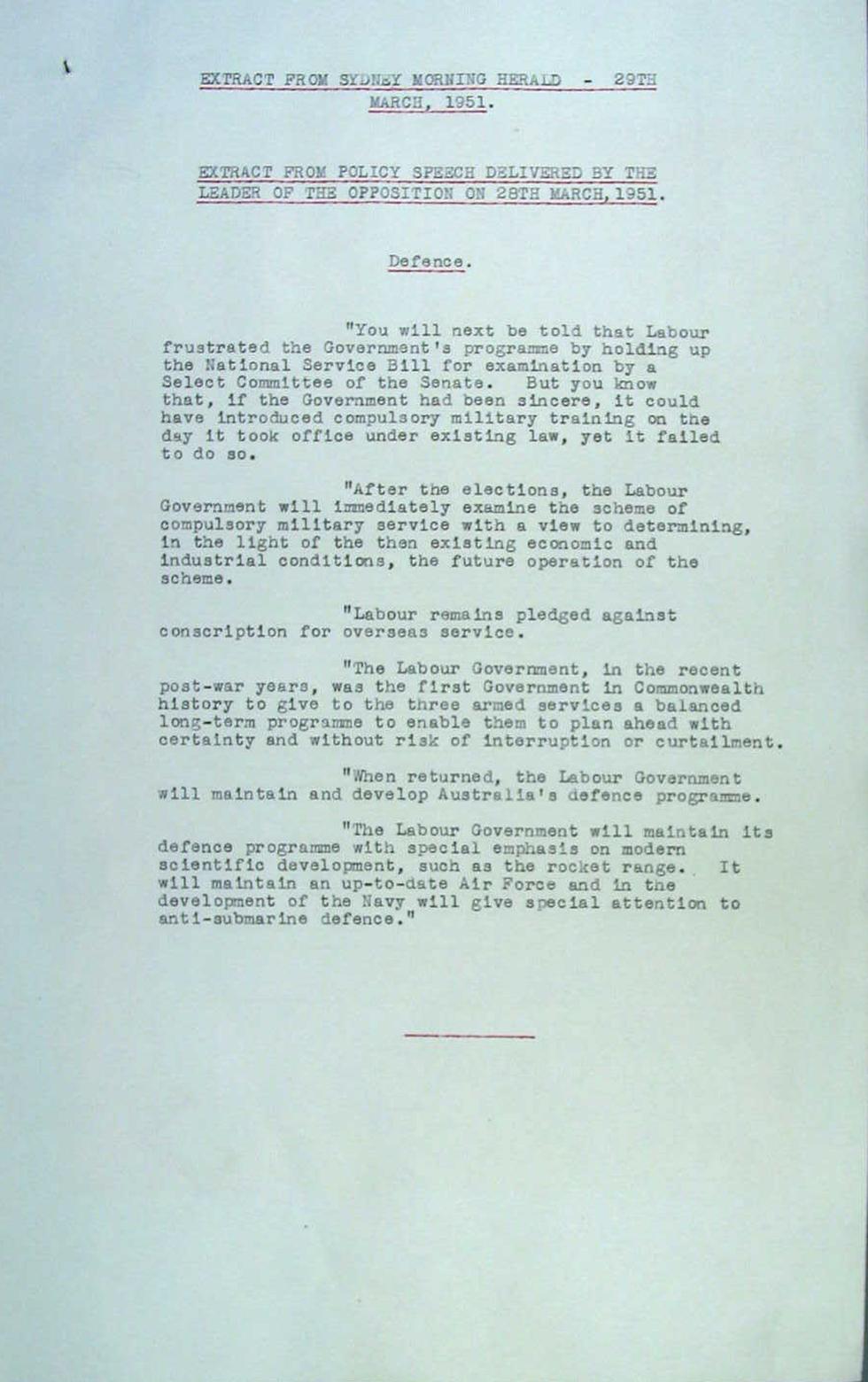 A Defence Department document with published extracts from Ben Chifley’s speech on 28 March 1951, in his last election campaign. NAA: A5954, 2143/3, p. 37