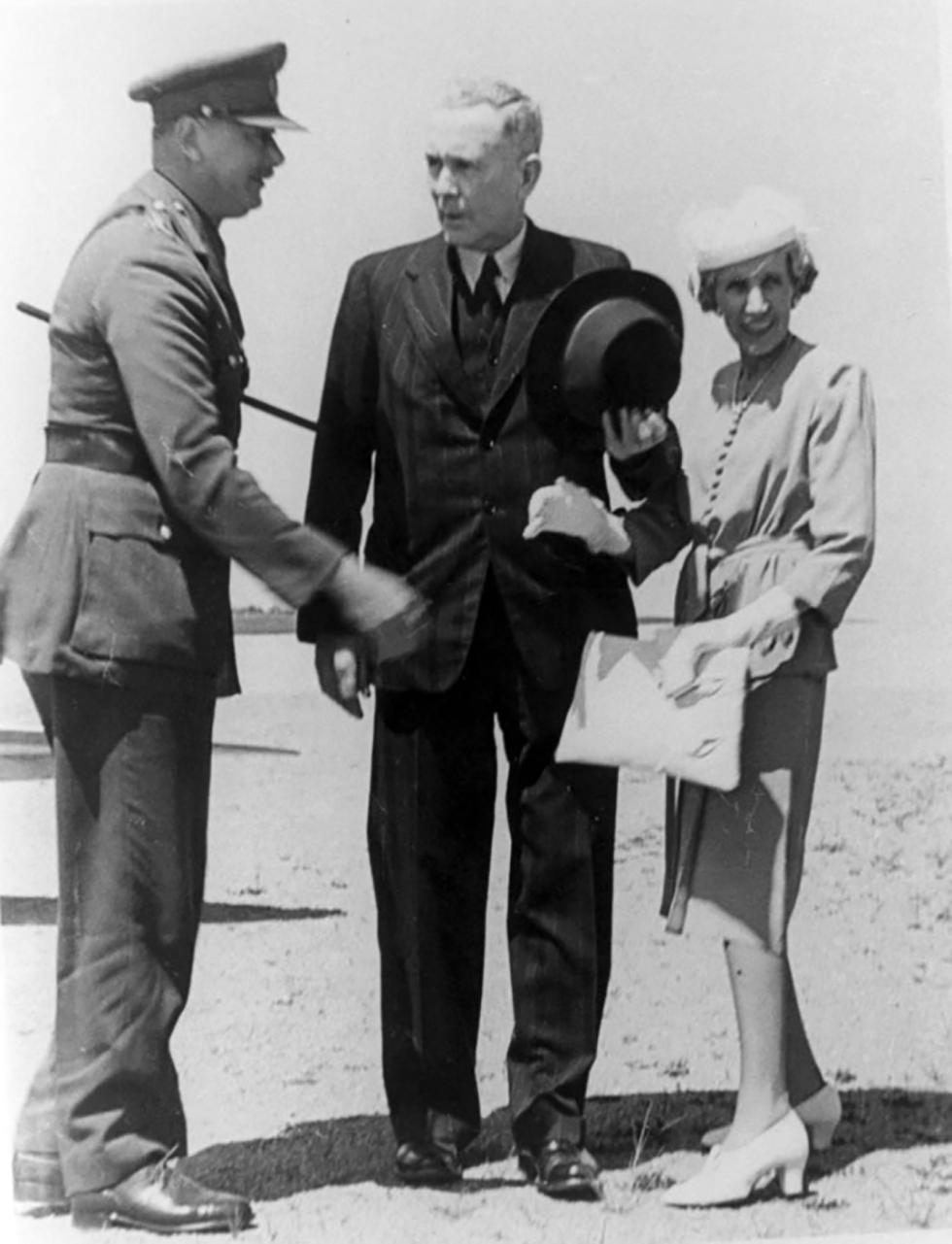 Elizabeth and Ben Chifley welcome the Governor-General, the Duke of Gloucester, on his visit to Bathurst in 1945 when the new Governor-General flew his aeroplane on a familiarisation tour of several states. By kind permission Fred Smith.