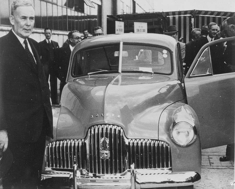 Prime Minister Ben Chifley launching the first mass-produced Australian car at the General Motors Holden factory at Fishermen’s Bend, Melbourne, in 1948. NAA: A1200, L84254