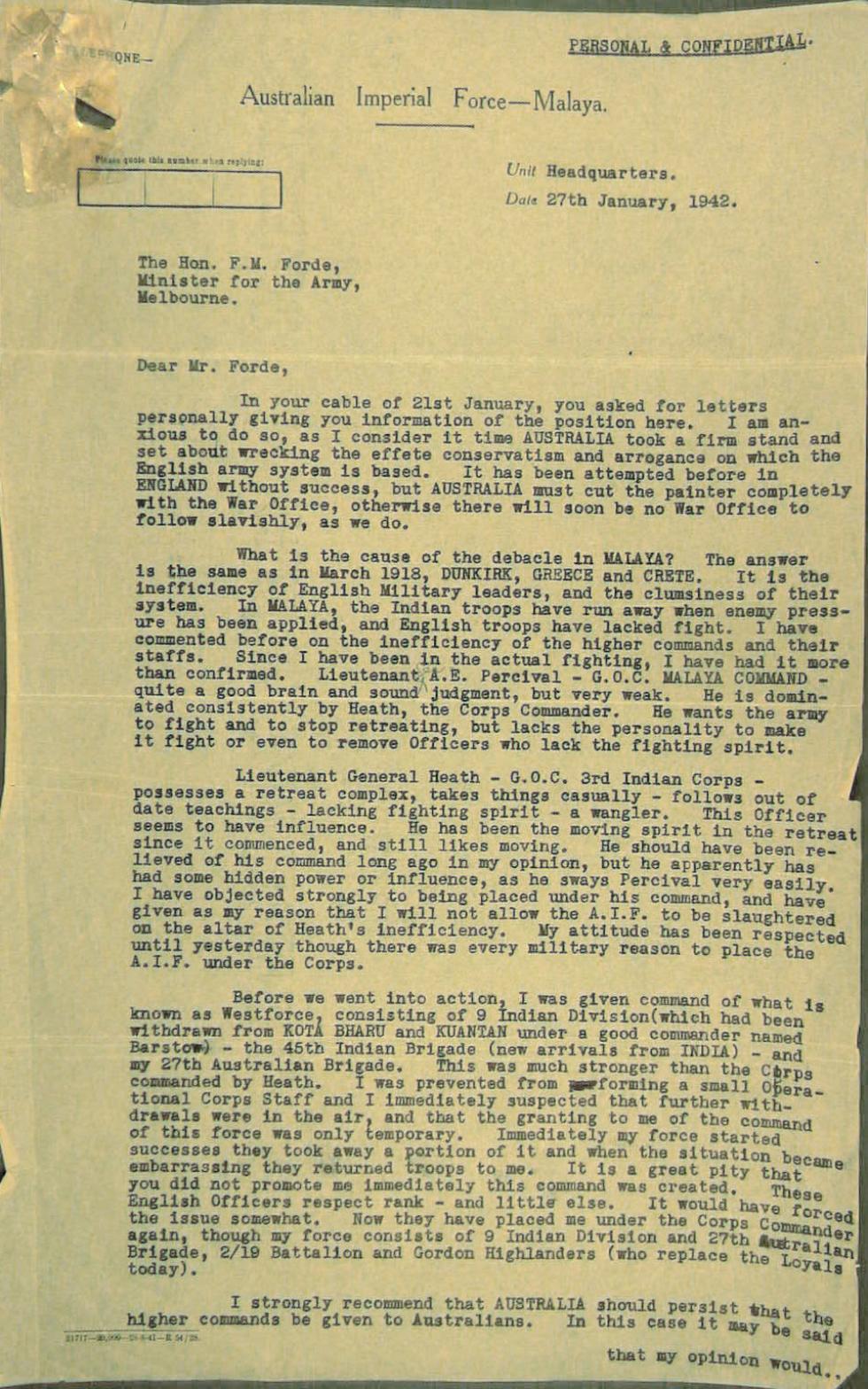 Letter to Francis Forde from the Australian Imperial Force Malaya.