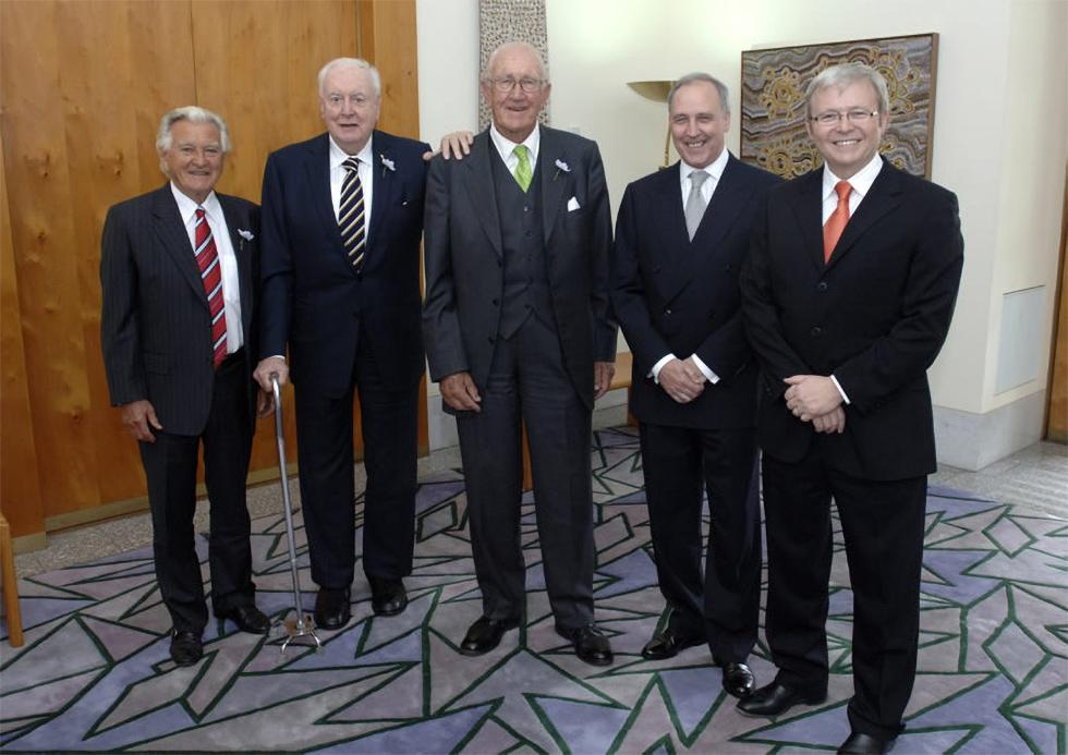 Former prime ministers Bob Hawke, Gough Whitlam, Malcolm Fraser and Paul Keating, and Prime Minister Kevin Rudd.