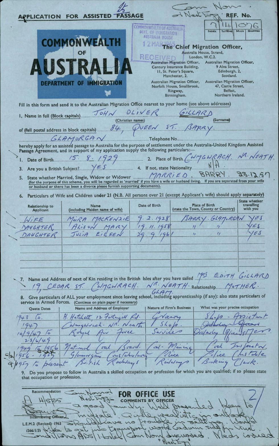 The Gillards' application for Australia's assisted passage migration scheme, 1965.
