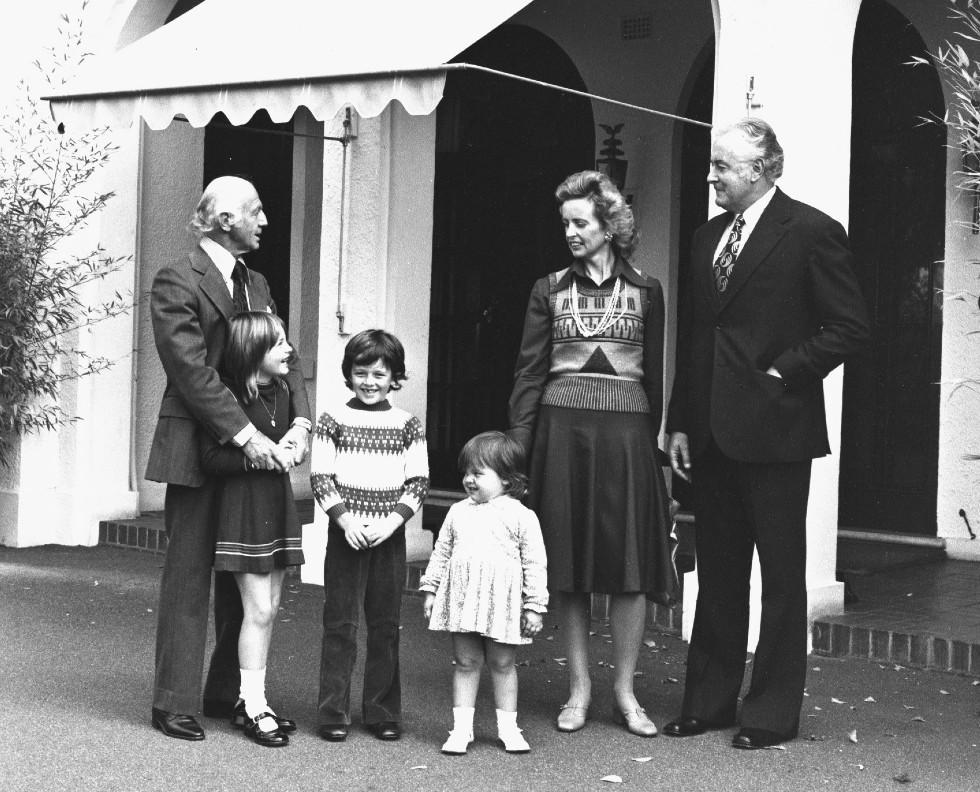William and Sonia McMahon, with their children Deborah, Julian and Melinda, visit Prime Minister Gough Whitlam at The Lodge in 1975.