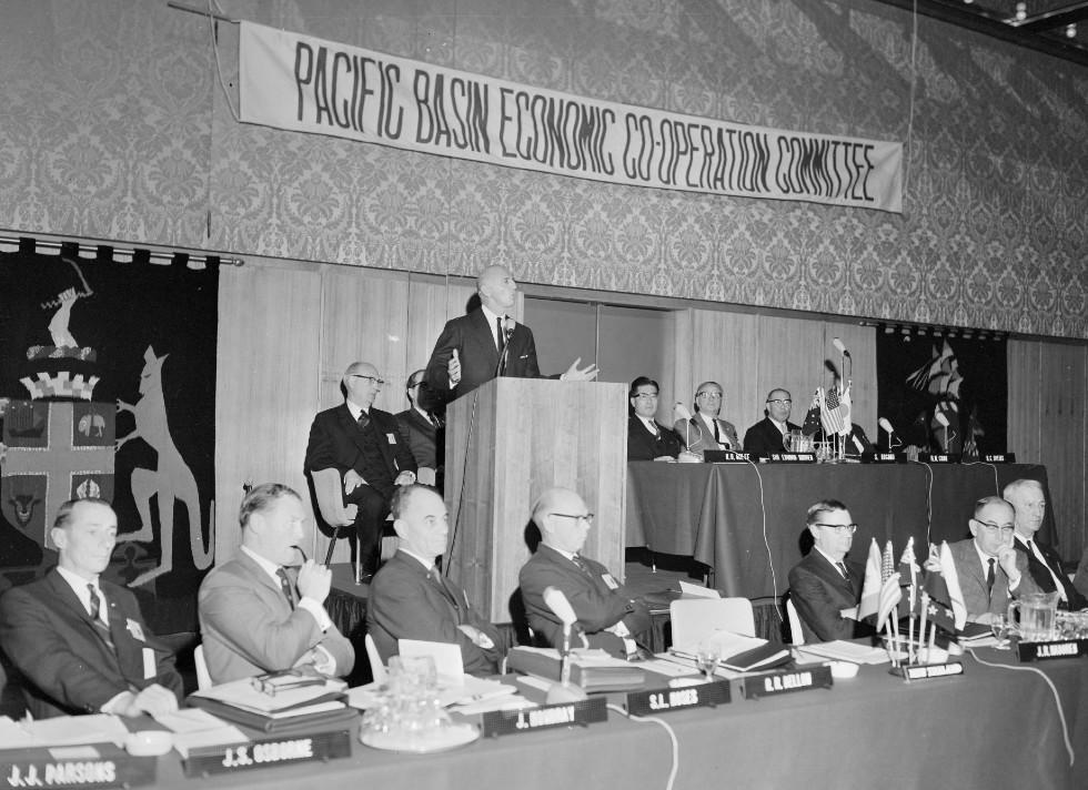 Treasurer William McMahon addresses a committee of the Pacific Basin Economic Co-operation Council in May 1968, the year after the council was formed.