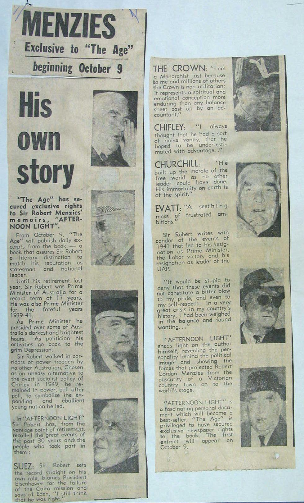 A newspaper clipping, regarding the publication of Robert Menzies' first book of memoirs in 1967, entitled Afternoon Light.