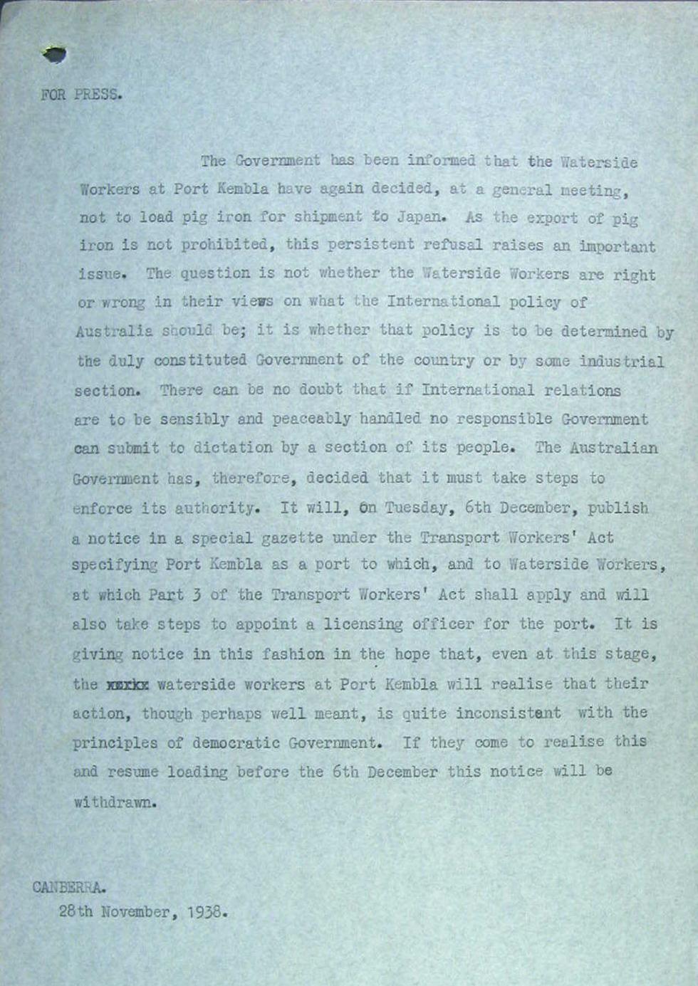 A document regarding Attorney-General and Minister for Industry Robert Menzies' earning of the nickname 'pig-iron Bob', with his firm stand against the waterside workers who refused to load scrap iron heading for Japan in 1938.